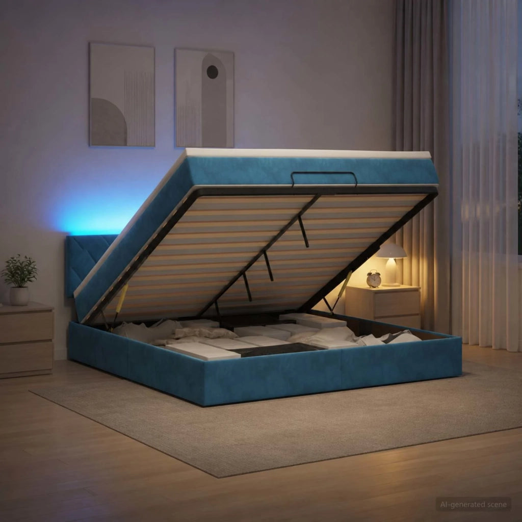 Letto Ottomano con Materasso e LED Blu scuro 140 x 200 cm 3457219