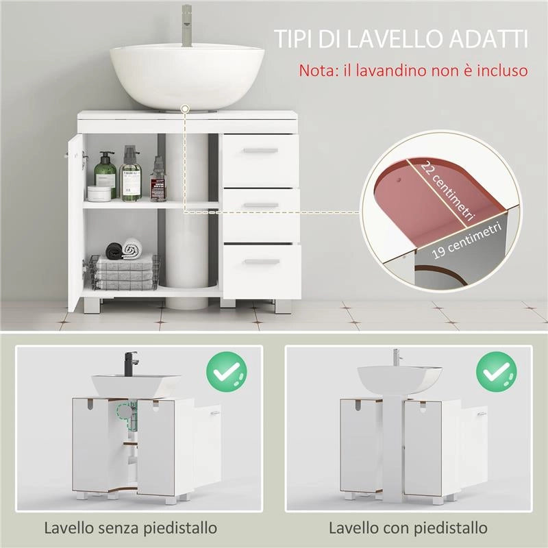 MOBILE SOTTOLAVABO BAGNO CON ARMADIETTO, RIPIANI E CASSETTI, BIANCO