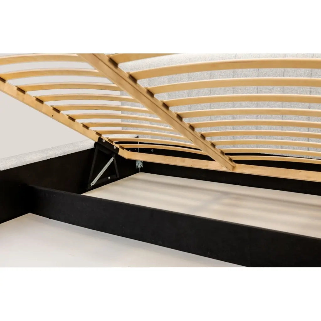 Letto contenitore CERVIN – Tessuto bouclé Nuvola sabbia – 180x200 cm – Rete sollevabile – Design contemporaneo