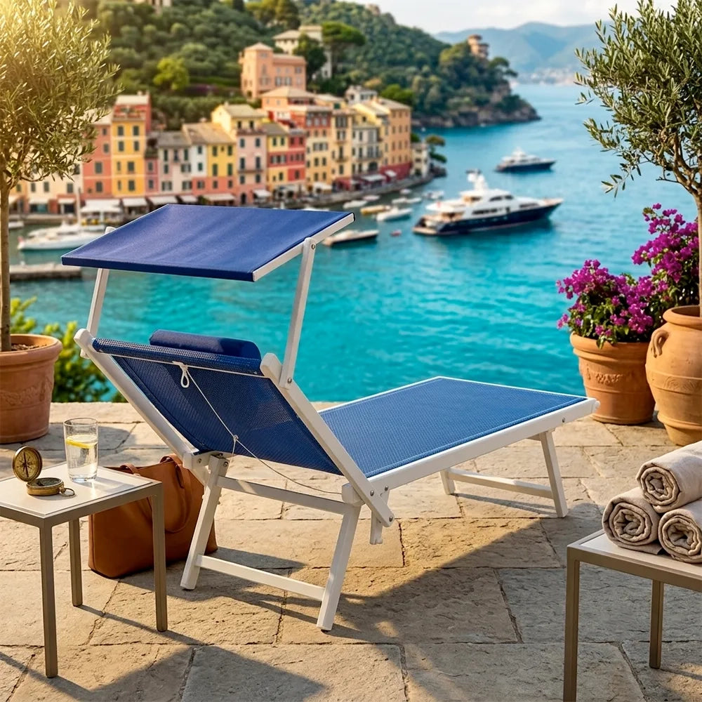 Tempo Style - Lettino Prendisole Blu con Parasole e telaio bianco