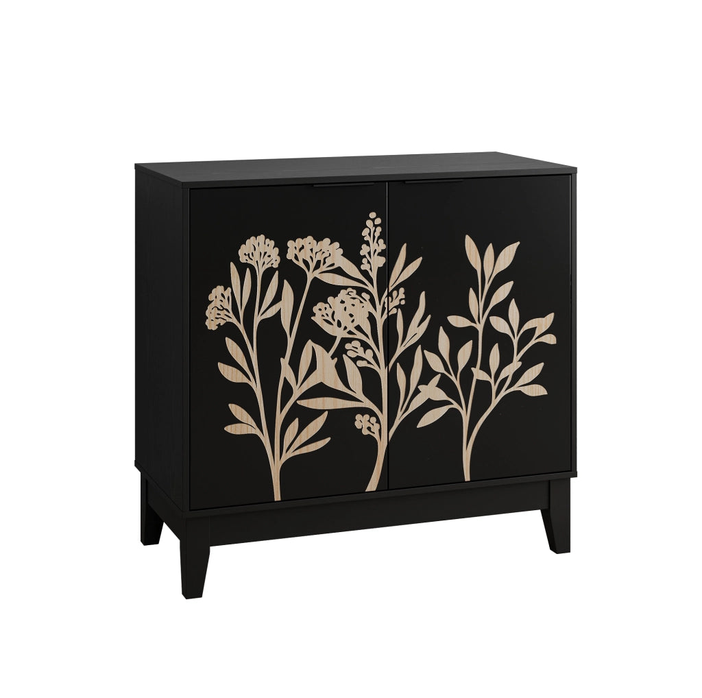 Buffet sideboard con doppia anta e intaglio floreale; struttura in MDF; nero
