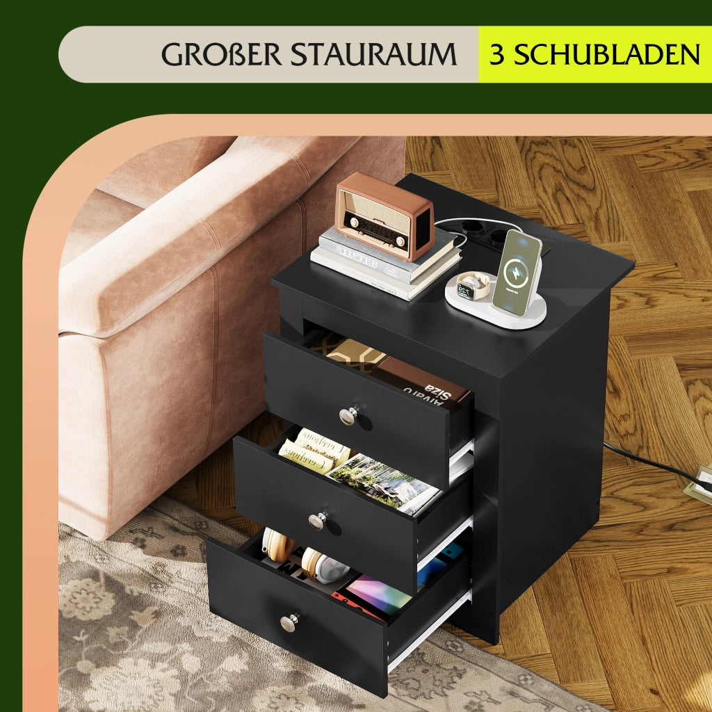 Comodino 3 Cassetti con Prese e USB ¨C Minimal ¨C 2 Pezzi, Nero