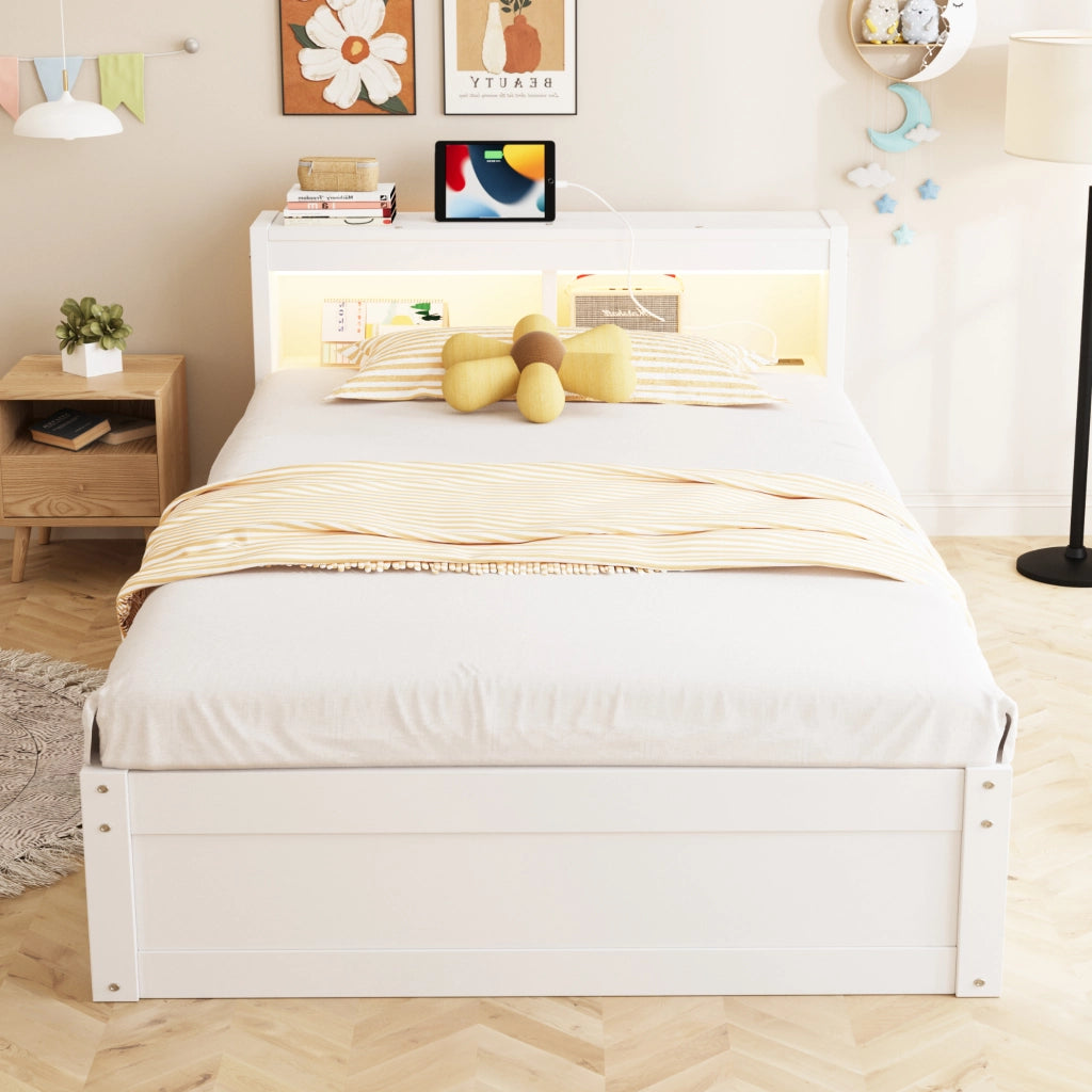 LETTO Multifunzionale 90x200 cm MDF Bianco con presa e LED