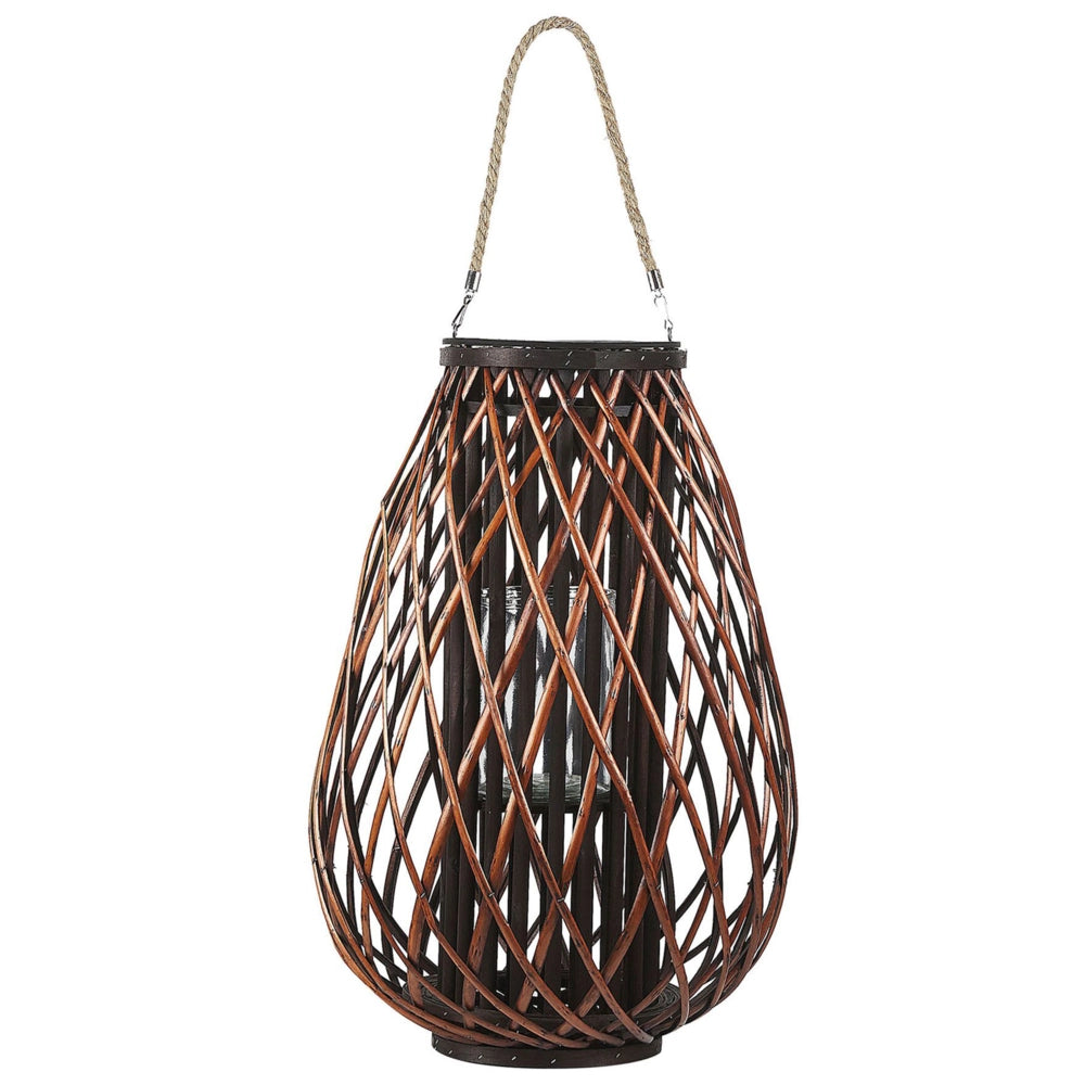 Lanterna Marrone Salice Legno 60 cm Manico in Corda Portacandele Decorativo