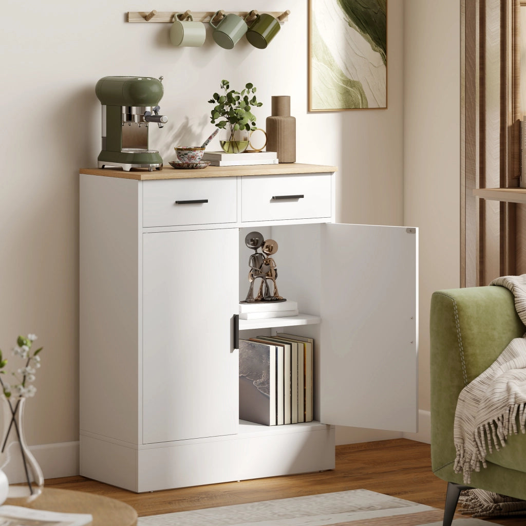 Credenza Bianca con 2 Cassetti e 2 Ante, Ripiano Regolabile ¨C Minimal ¨C Bianco e Legno