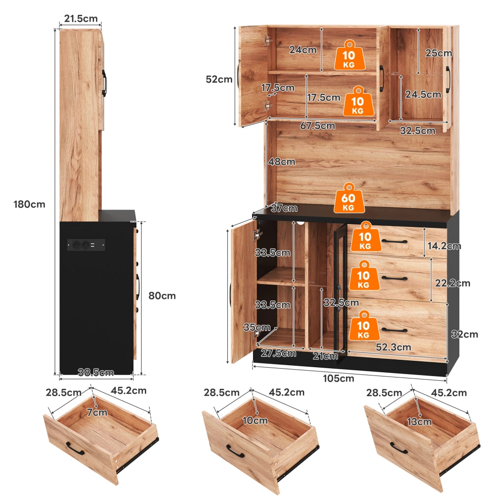Pensile da Cucina con LED e Ripiani Regolabili ¨C Xylo ¨C Nero e Legno 105x40x180 cm