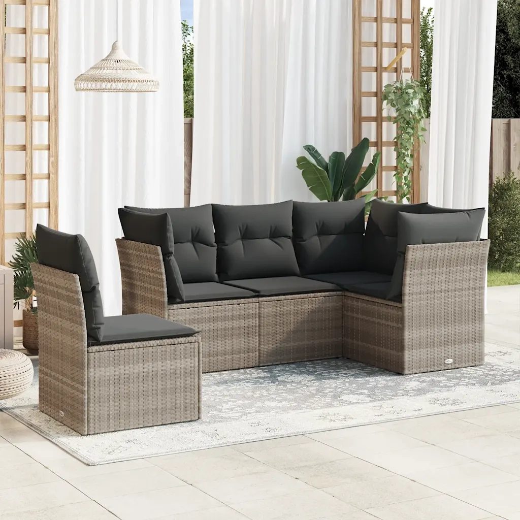 Set Divano da Giardino 5pz | Set Salotto da Giardino con Cuscini Grigio Chiaro Polyrattan