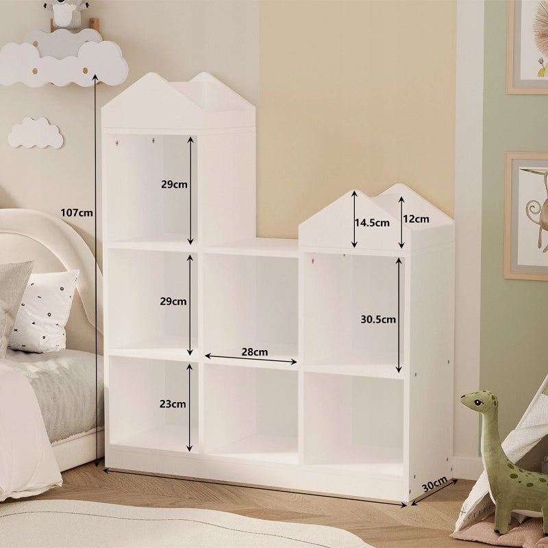 Scaffale bianco per bambini per giocattoli, libri e accessori