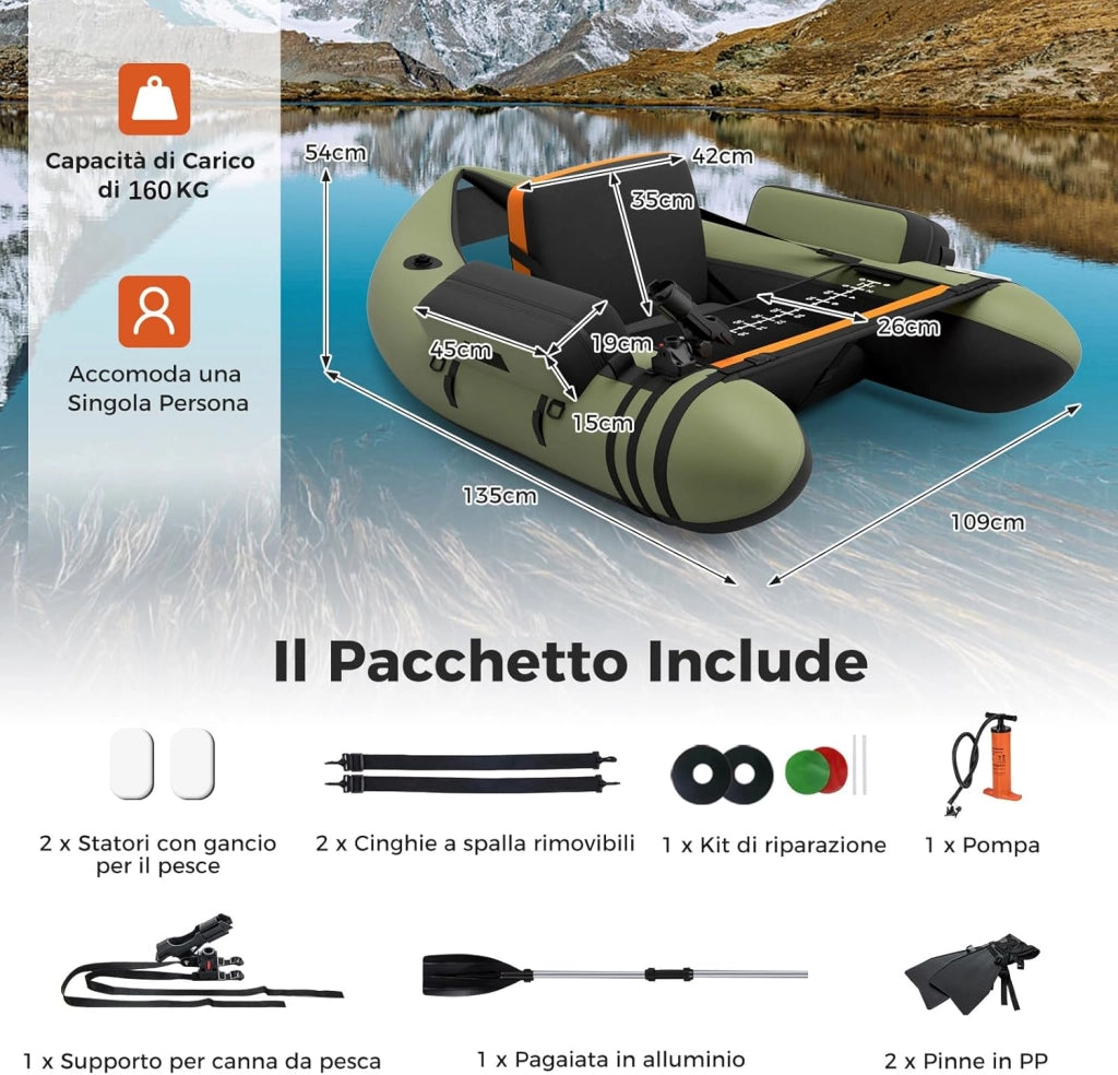 Belly Boat da Pesca Portatile, Gommone Gonfiabile da Pesca con Porta Canne Regolabile, Pompa, Pagaia in Alluminio, Spallacci e Kit di Riparazione, Barca da Mare con 2 Pinne, capacità 160kg