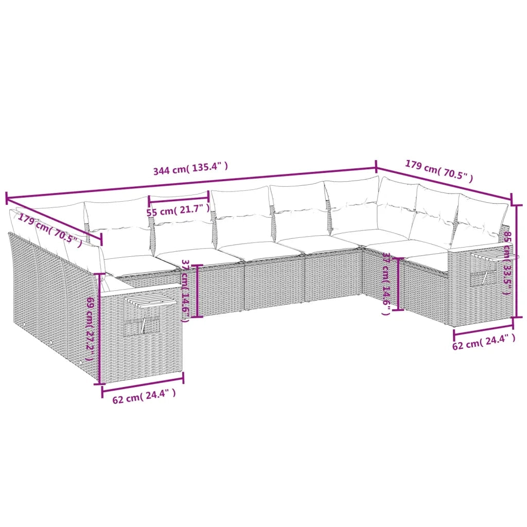 Set Divani da Giardino 10pz con Cuscini in Polyrattan Nero 3227163
