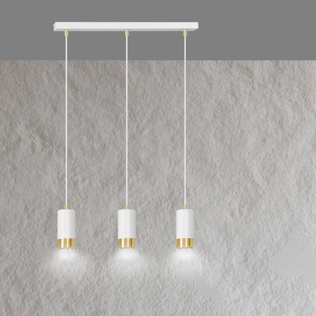 Lampadario 3 Luci Ivar Con Cilindri In Acciaio Bianco E Oro