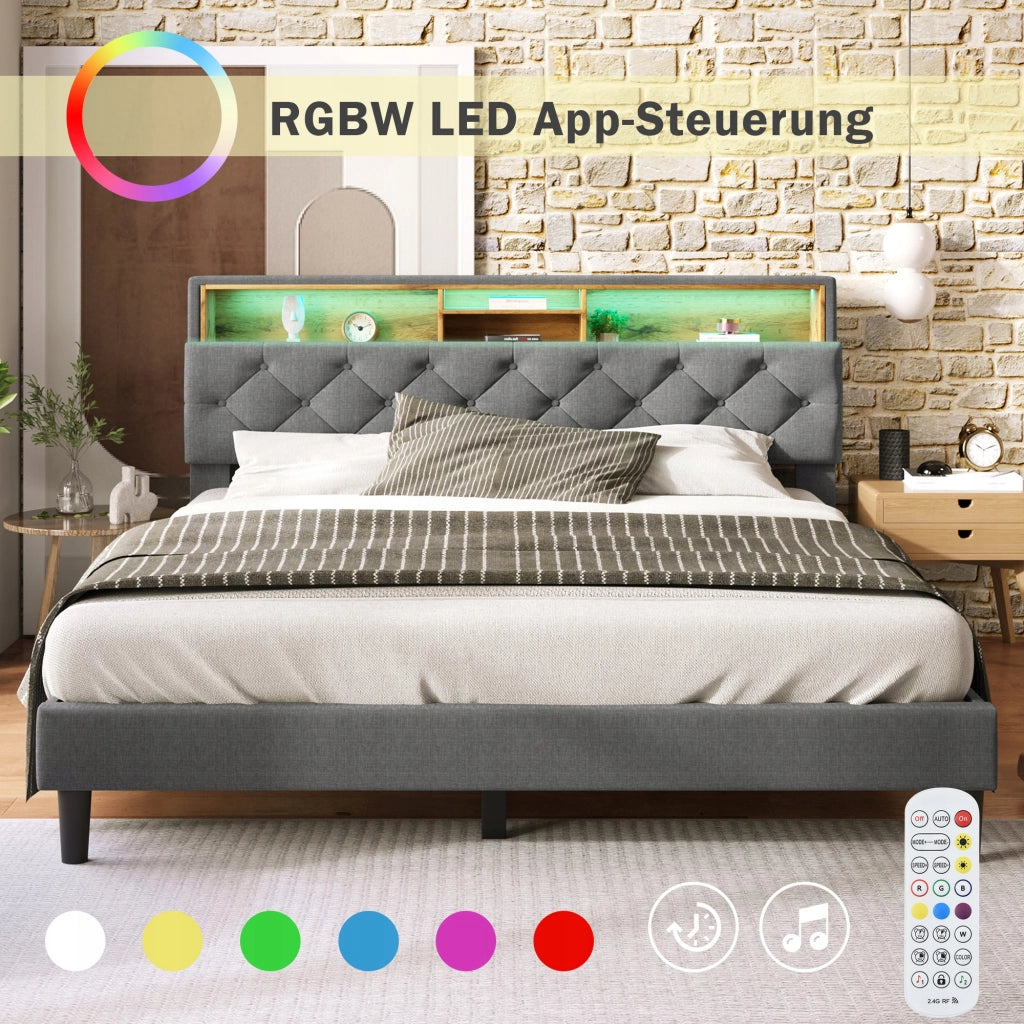 Letto imbottito 140x200 grigio con LED (con materasso) - Xylo