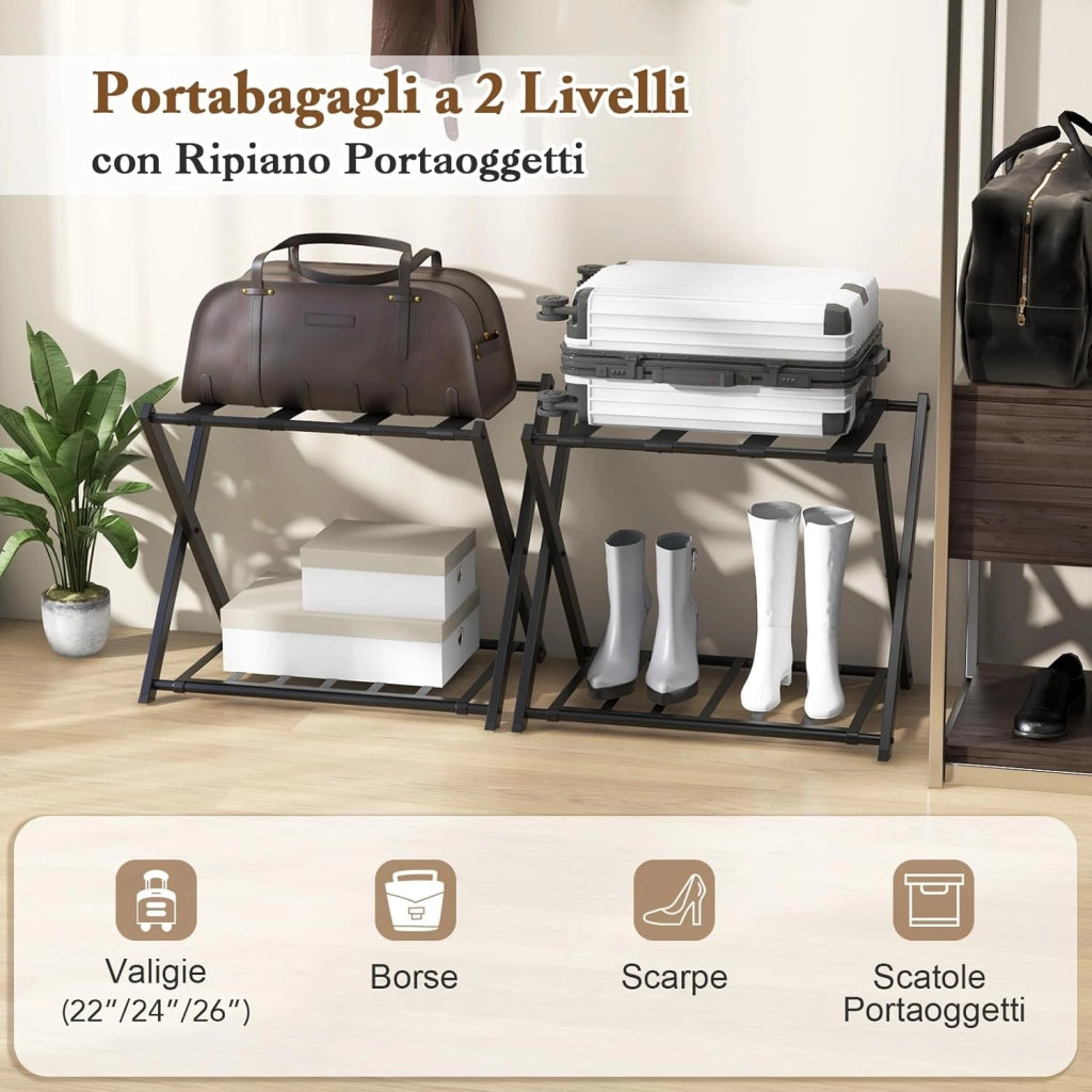 Portavaligie Pieghevole, Porta Valigie Poggia Bagaglio a 2 Ripiani, Cavalletto da Valigie, per Hotel e Viaggio, in Metallo, 68 x 43 x 56 cm (Nero 2)