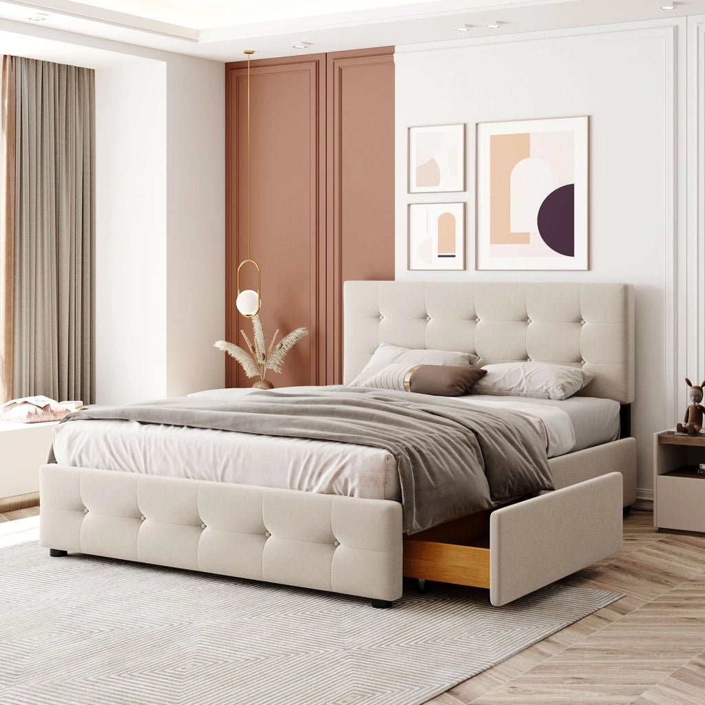 Letto Imbottito Matrimoniale con Cassetti e Rete ¨C MINIMAL ¨C Velluto Beige 140x200
