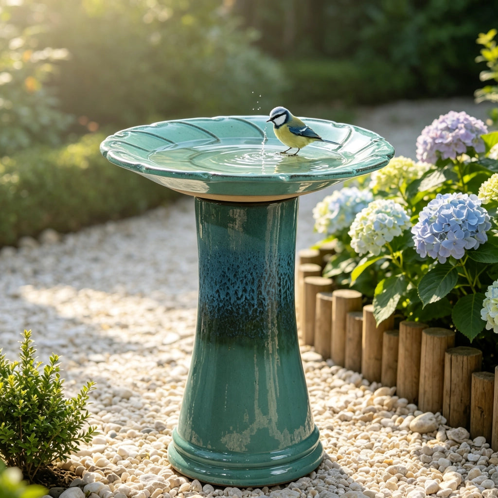 Bagno per uccelli in ceramica Ø43x45 cm turchese blu, resistente al gelo e agli agenti atmosferici