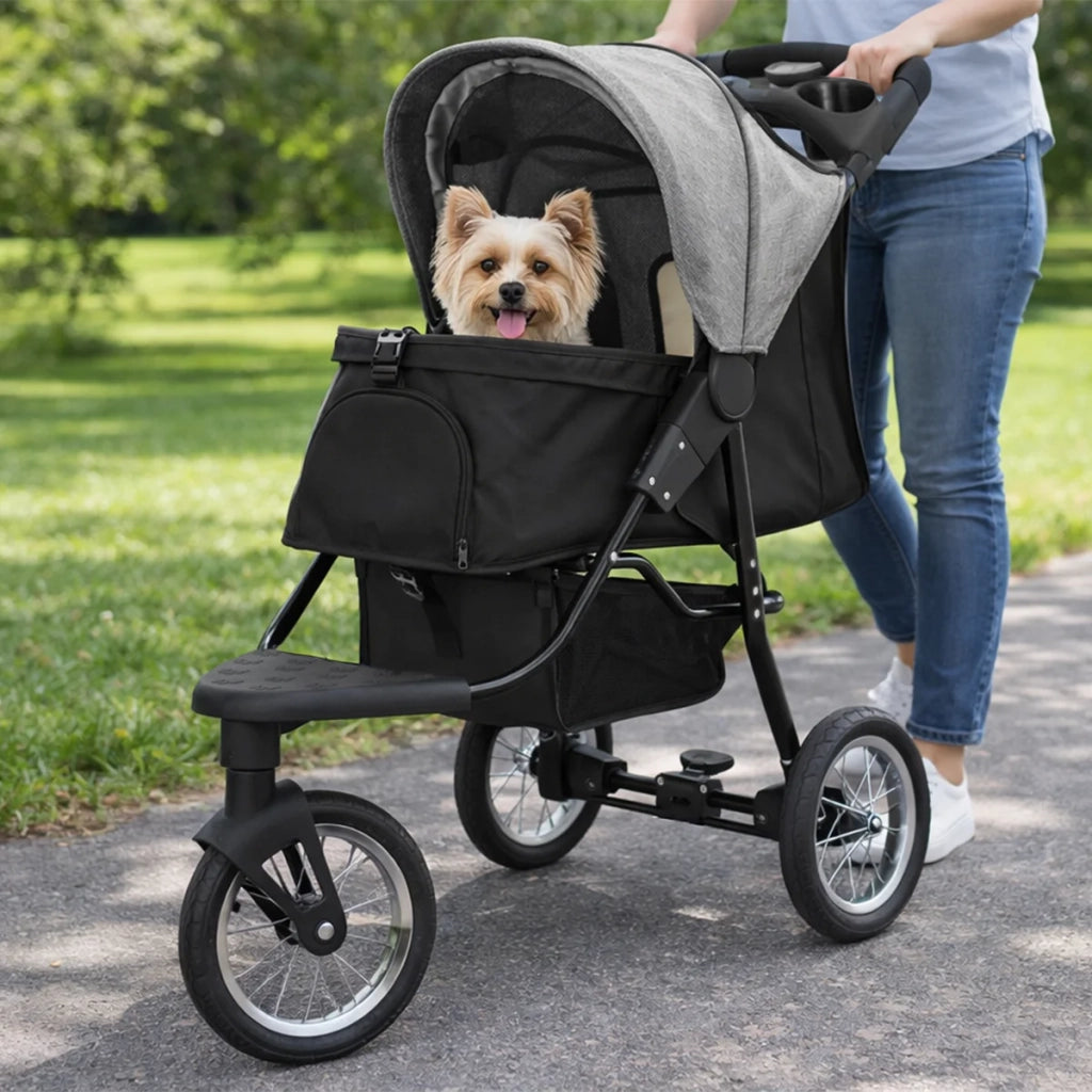 Passeggino Jogger Pieghevole per Cani e Gatti Grigio 3 Ruote con Cappottina