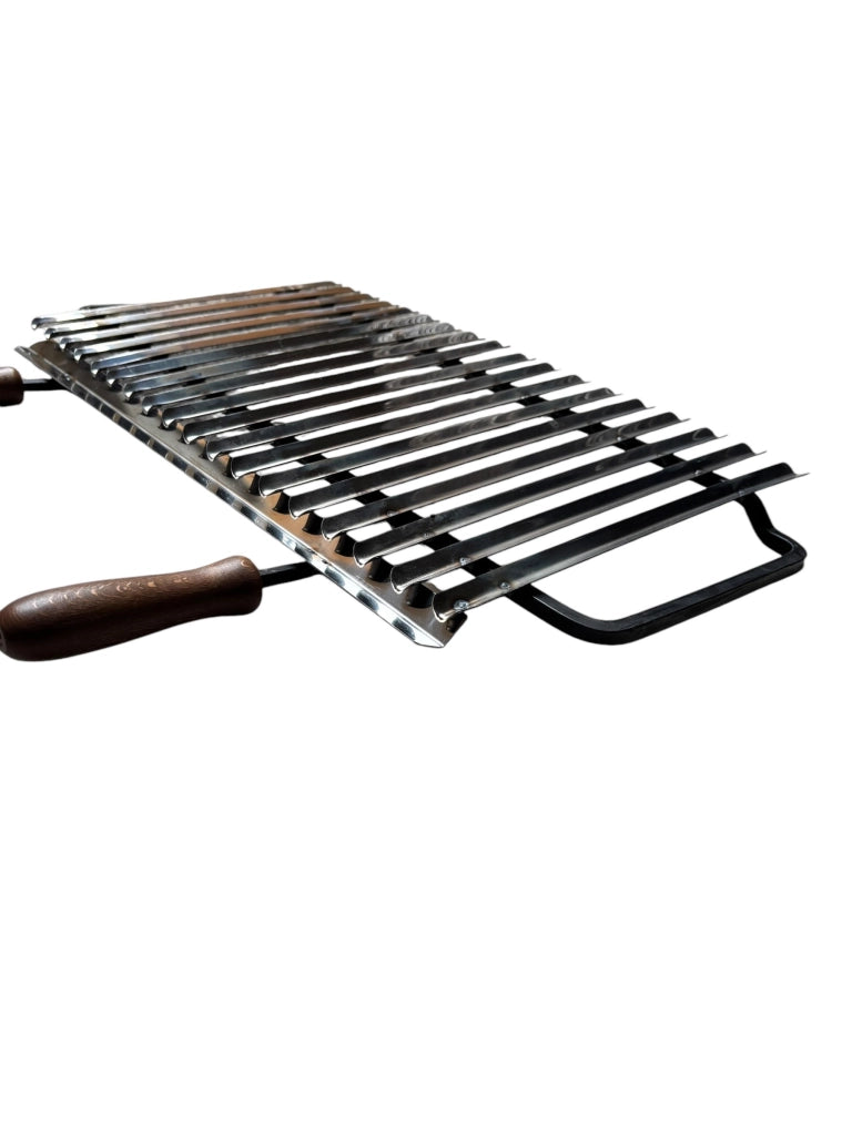 Griglia Scorrevole per Barbecue in Acciaio Inox, con Manici in Legno, Sistema Recupera Grassi, Made in Italy 67x35 cm