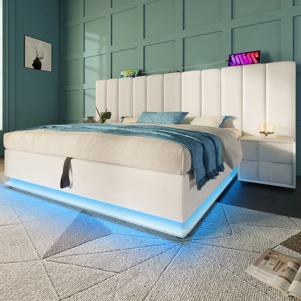 Letto Imbottito Contenitore Matrimoniale con LED e USB ¨C MINIMAL ¨C PU Bianco 180x200