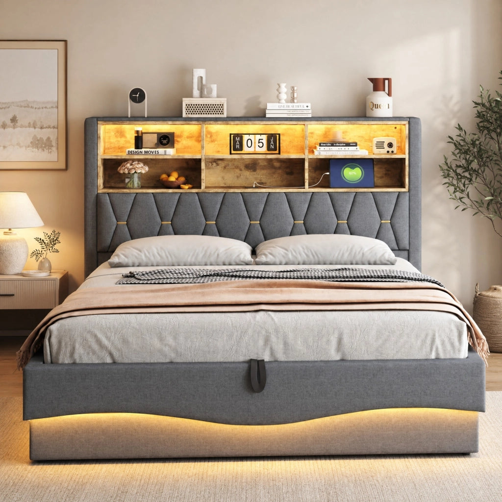 LETTO 180x200 cm con contenitore idraulico, LED APP e USB, Grigio