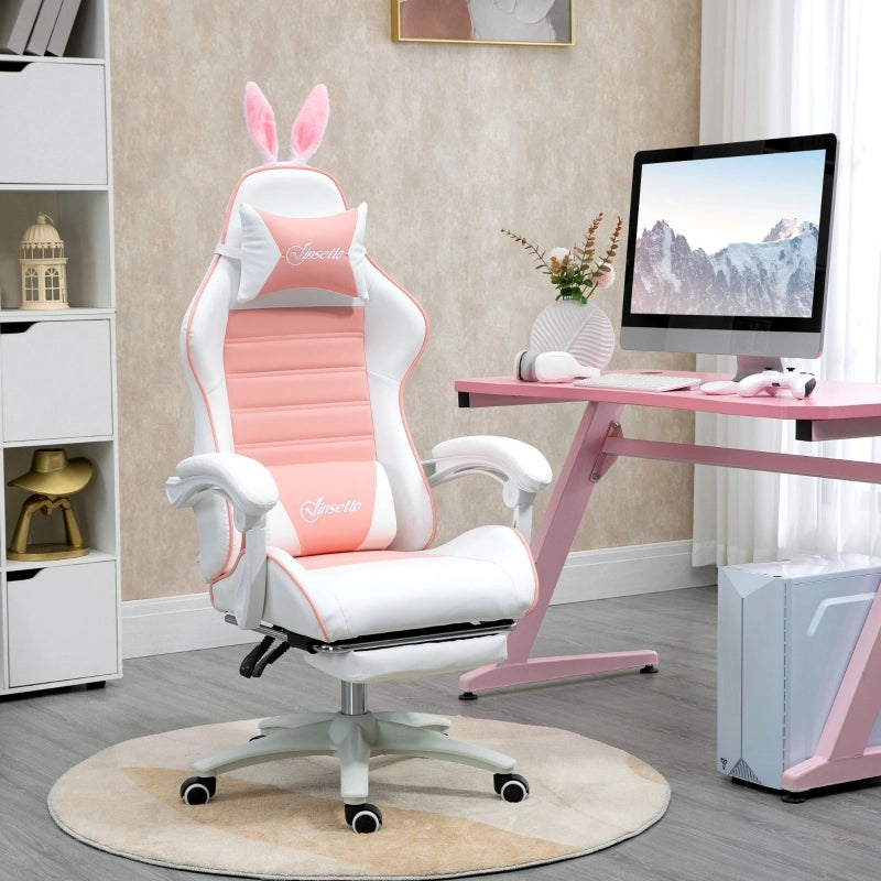 Sedia gaming ergonomica rosa con orecchie decorative, poggiapiedi estraibile e cuscini removibili