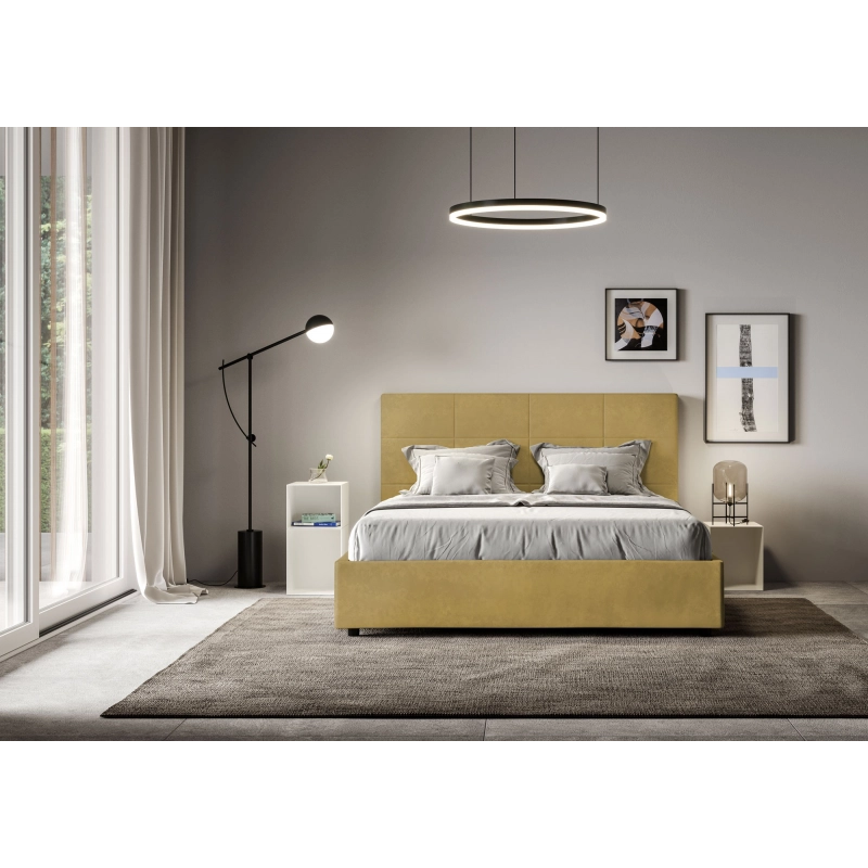 Letto imbottito Matrimoniale francese 140x210 cm Mika - Con rete,Microfibra,Ocra