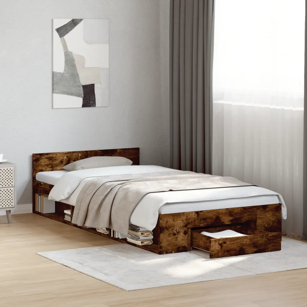 Letto singolo | Letto per adulti | Giroletto con Cassetto Rovere Fumo 100x200 cm Legno Multistrato