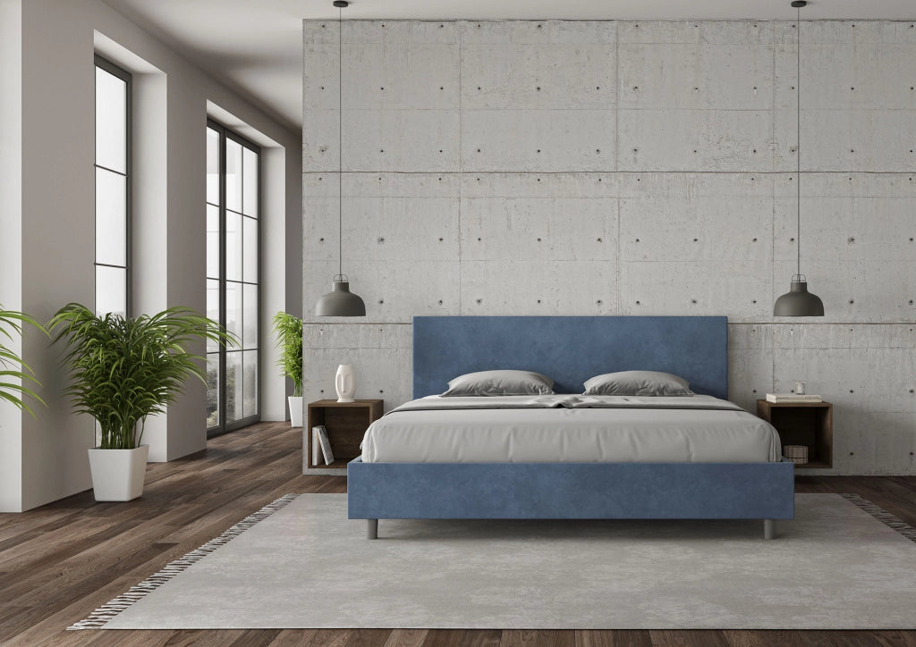 BS COM Letto con rete imbottito 180x200 microfibra blu