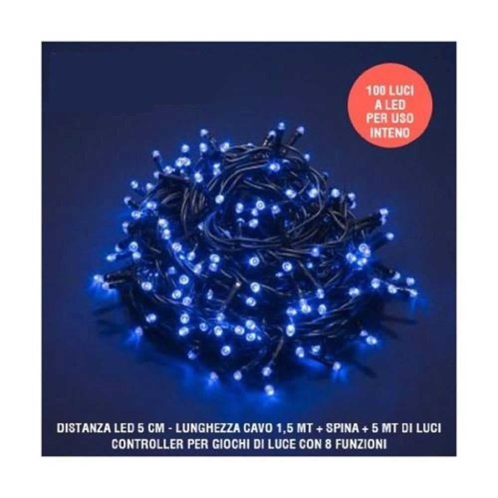 Trade Shop - Catena Luci A Led Natalia 100 Led Lucciole Blu Con Controller 8 Funzioni Interno -