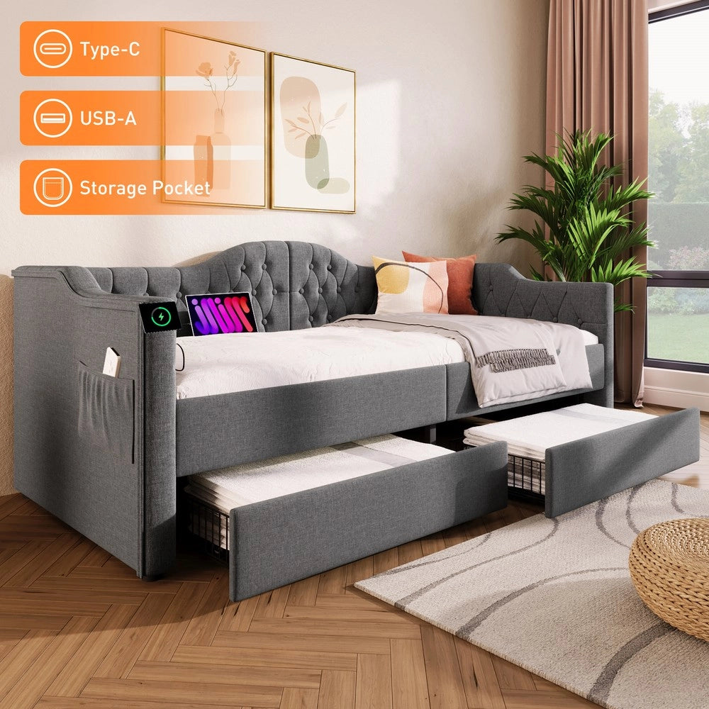 Letto Imbottito con Cassetti e USB ¨C MINIMAL ¨C Grigio, 90x190