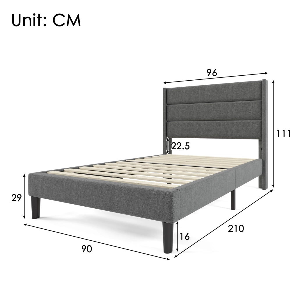 Letto singolo imbottito 90x200 cm con struttura in lino grigio con testiera design moderno versatile per ambienti giovanili