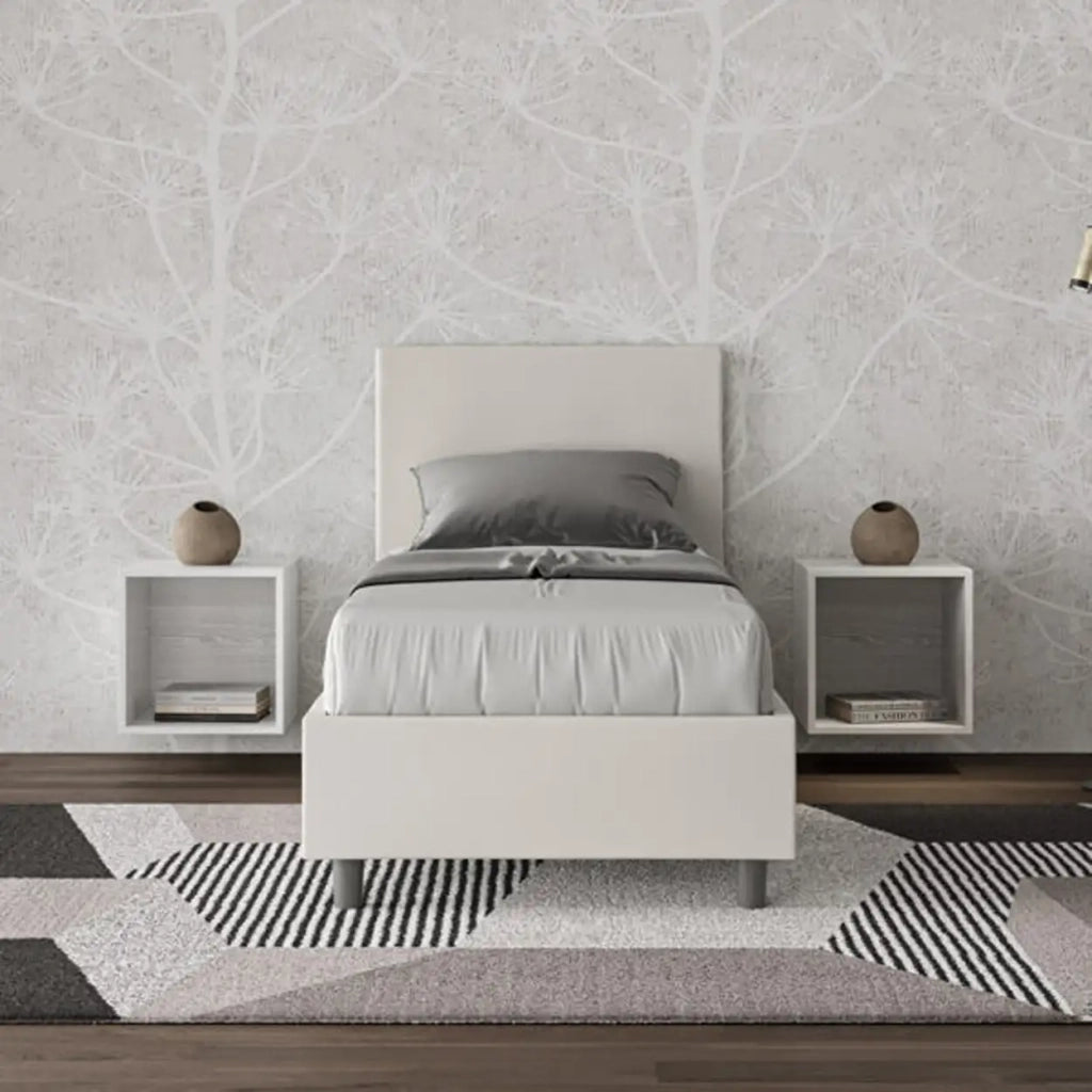 Letto singolo con rete imbottito 80x210 similpelle bianco Adele