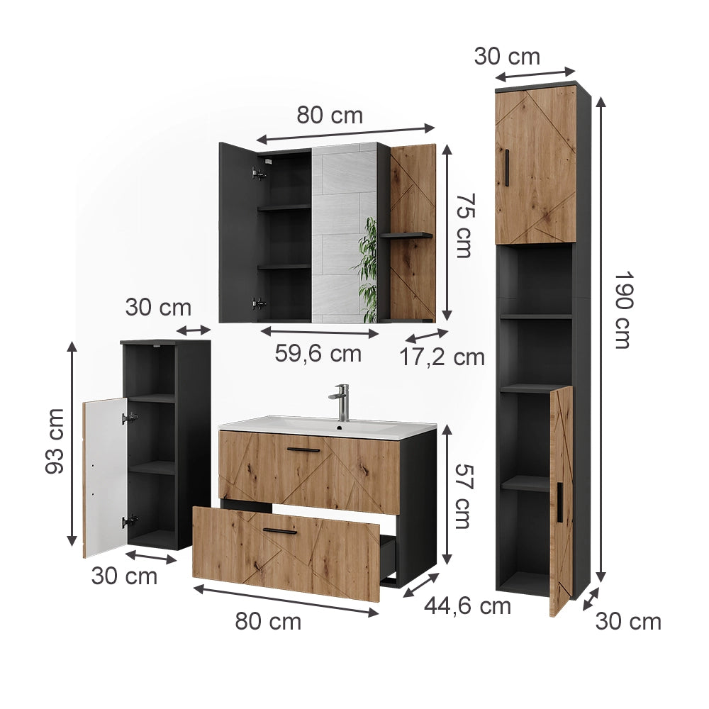 Vicco Set di mobili da bagno Antracite/Artisan 5 parti