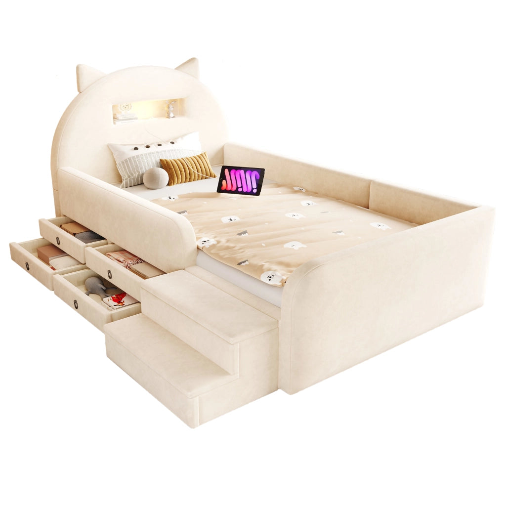 Letto imbottito per bambini 90x200 cm in velluto con testiera a orecchie, luci notturne, USB e 4 cassetti, beige