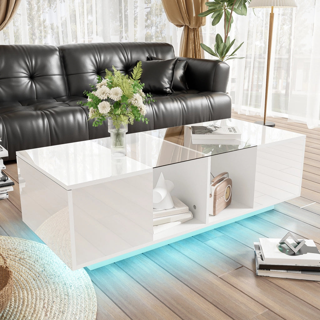 Tavolino da salotto moderno con illuminazione LED - Zephmum- 120 x 50 x 38,5 cm- Bianco- Piano lucido
