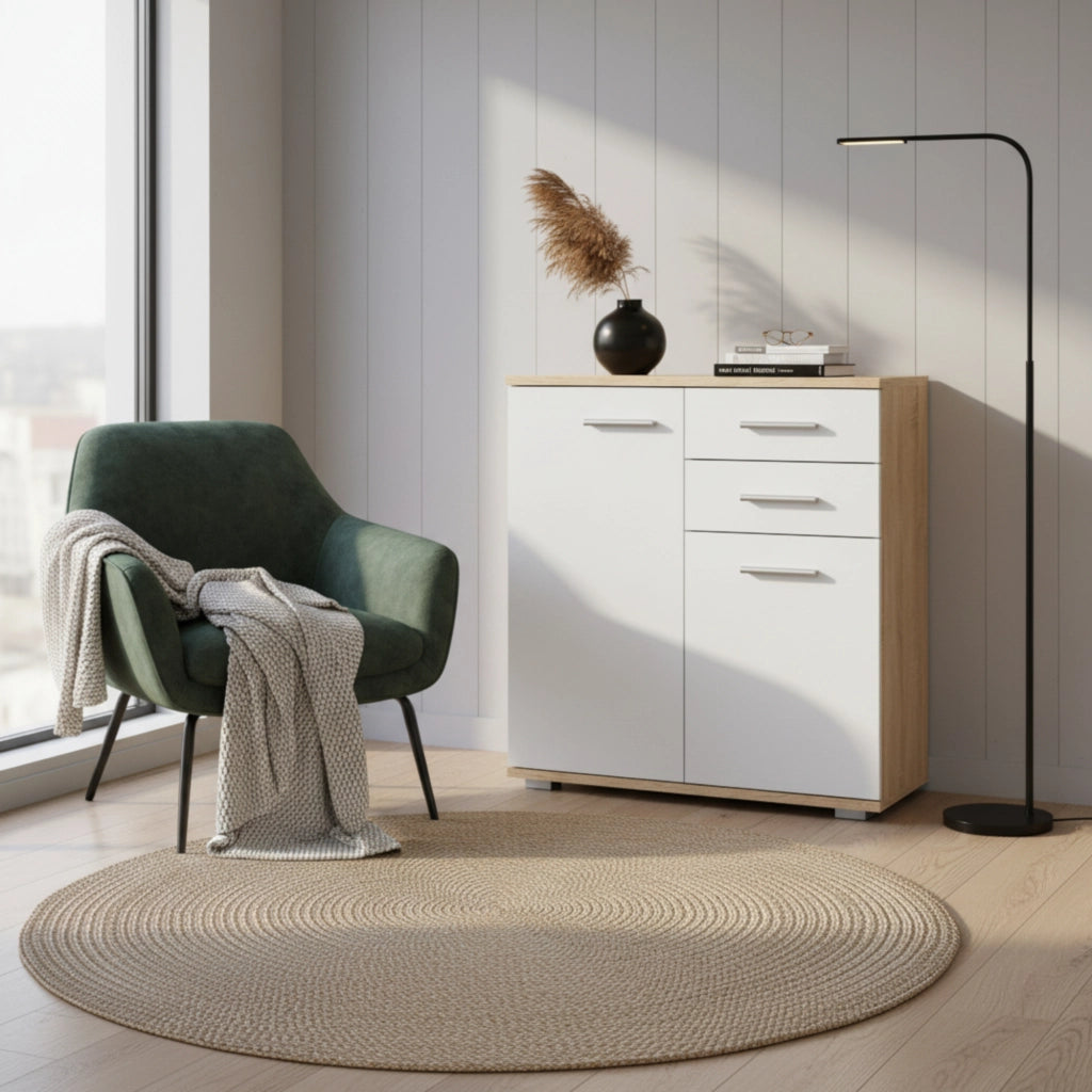 Commode FAUSKE - 2 Cassetti - 2 Porte - Quercia Sonoma - Bianco - Larghezza 69 cm, Altezza 74 cm, Profondit? 34 cm