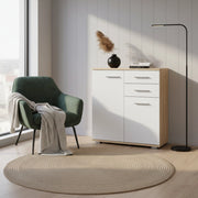 Commode FAUSKE - 2 Cassetti - 2 Porte - Quercia Sonoma - Bianco - Larghezza 69 cm, Altezza 74 cm, Profondit? 34 cm