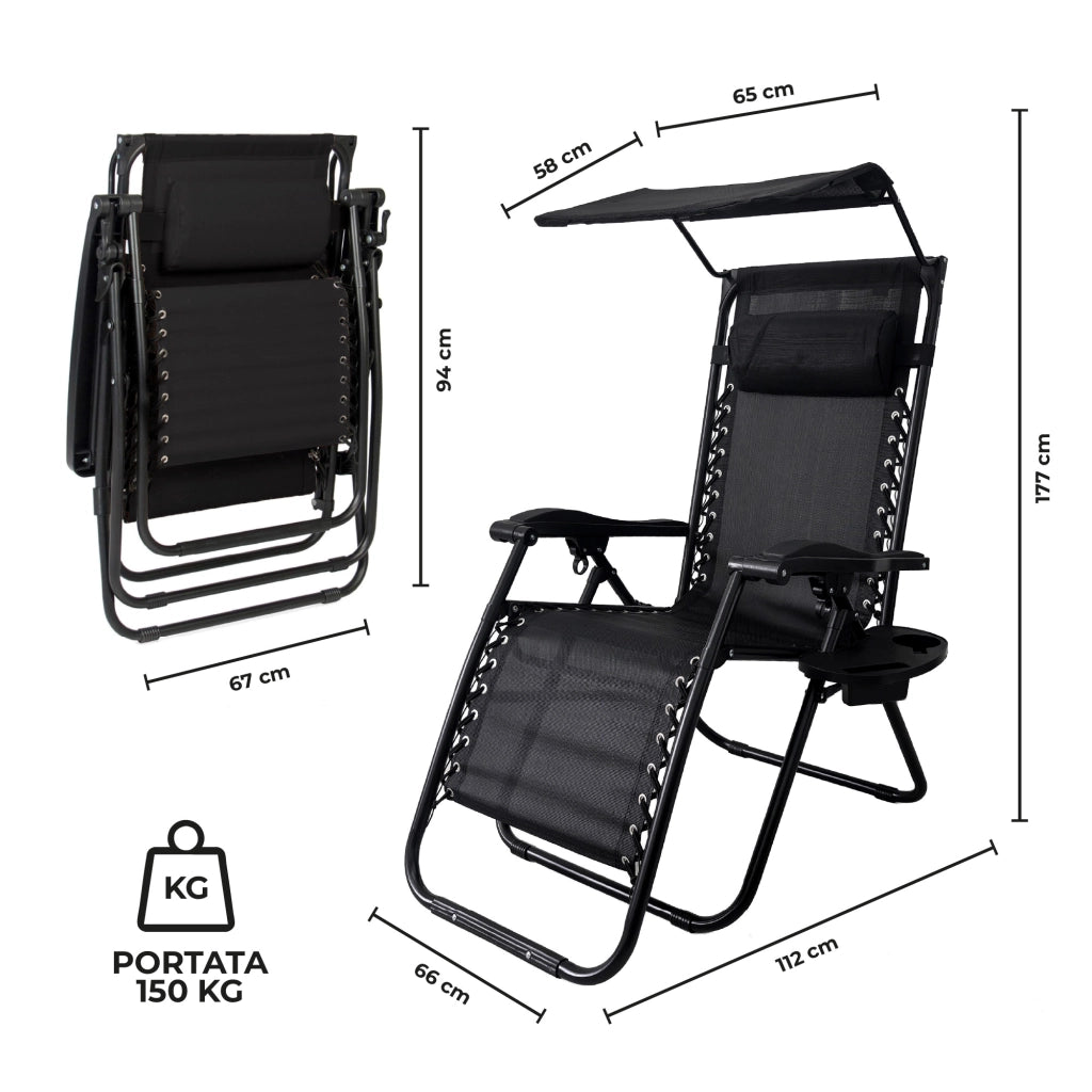 Sedia Sdraio 0 Gravità Pieghevole Professionale con Tettuccio Parasole e Poggiapiedi in Acciaio e Textilene – Reclinabile con Cuscino e Porta Bevande, Ideale per Giardino, Piscina e Campeggio Nero