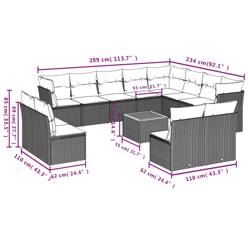 Set Divani da Giardino 13pz con Cuscini Nero in Polyrattan 3256259