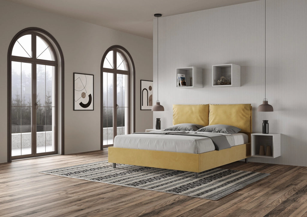 BS COM Letto matrimoniale senza rete imbottito 160x190 microfibra ocra