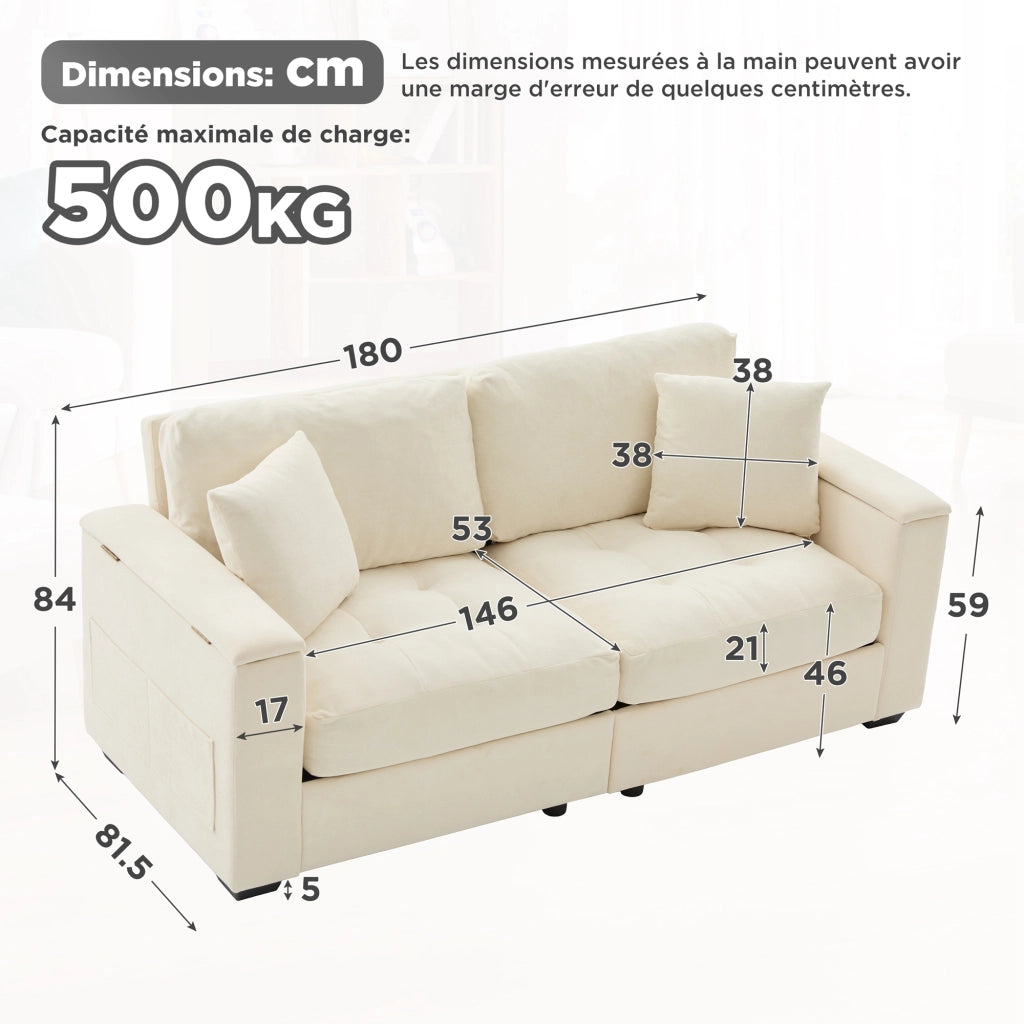 Divano dritto 2 posti con vano portaoggetti nei braccioli e tasche laterali, in Chenille, Beige
