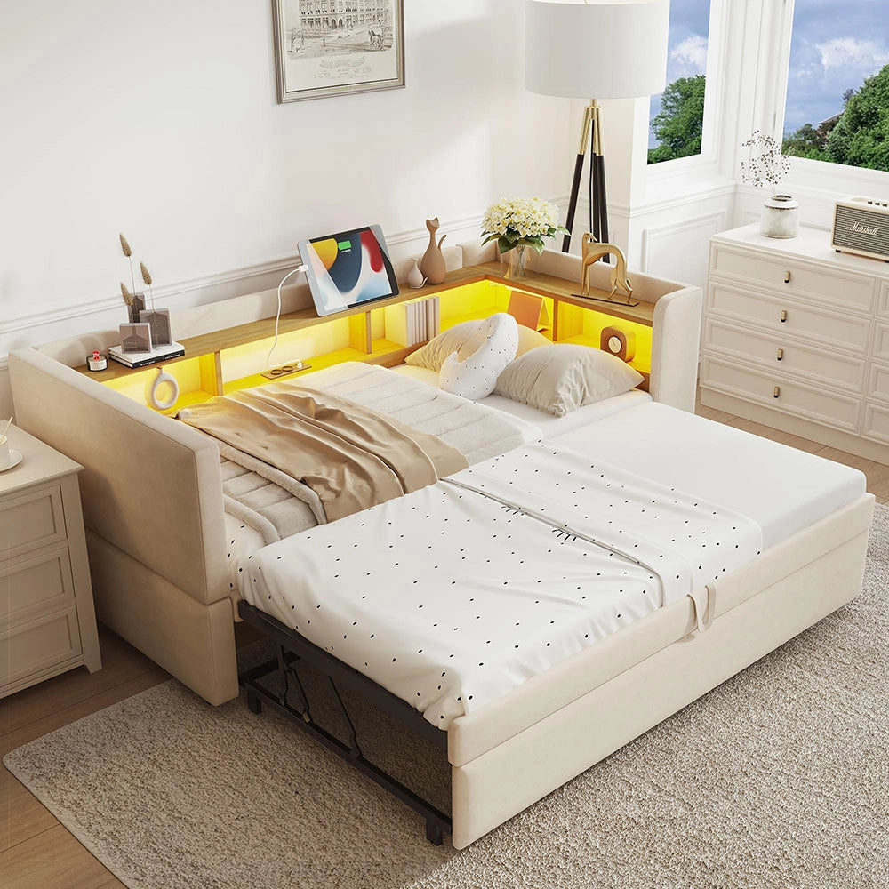 Divano letto - Xylo - 90/180x190 cm LED USB beige