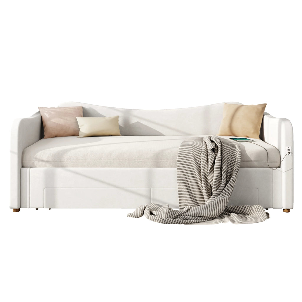Letto Imbottito Contenitore con 2 Cassetti e USB ¨C MINIMAL ¨C Velluto Beige 90x200 cm