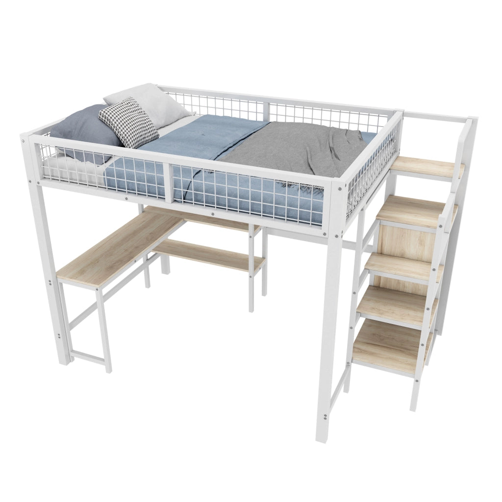 Letto a soppalco 140x200 cm in metallo e MDF, con scrivania, ripiani e armadio, bianco