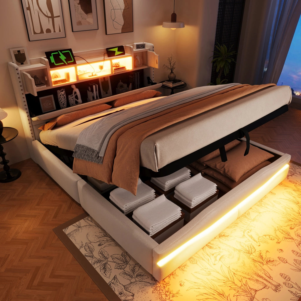 Letto Imbottito Contenitore con LED e USB ¨C MINIMAL ¨C 160x200, Beige, Idraulico