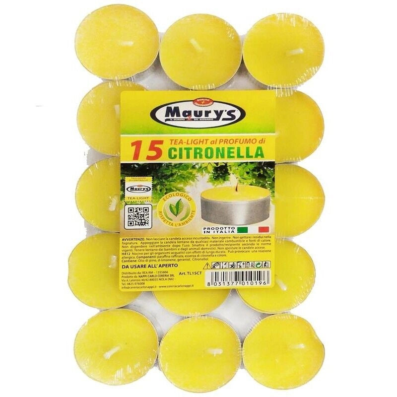 MAURY'S CANDELINE TEA LIGHT 15 PZ GIALLE CON OLIO DI CITRONELLA E BASE IN METALLO