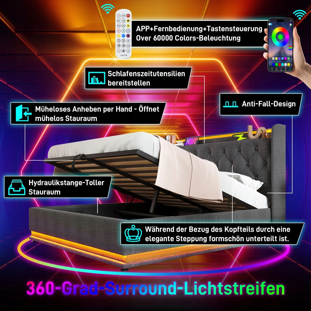 Letto imbottito 140x200 - Xylo - Grigio, idraulico, LED, USB-C
