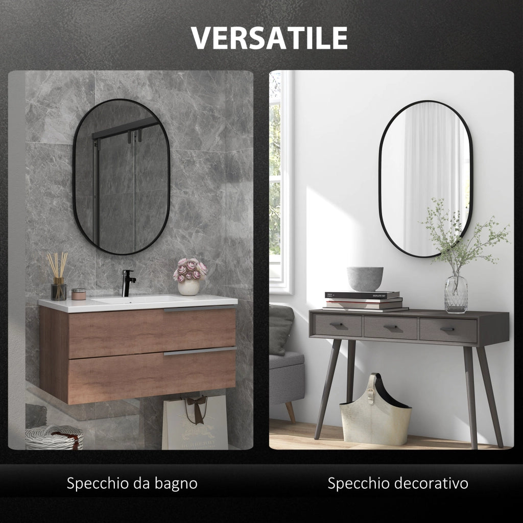 Specchio da Bagno Ovale con Cornice in Alluminio ¨C Zephmum ¨C Nero, 60x90cm