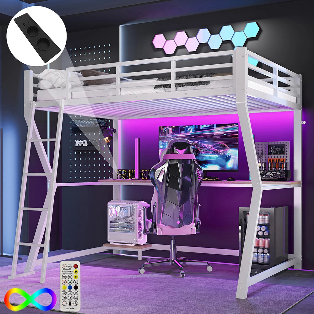 Letto mezzanino 90x200cm - Xylo - bianco, scrivania USB, LED, piattaforma gaming