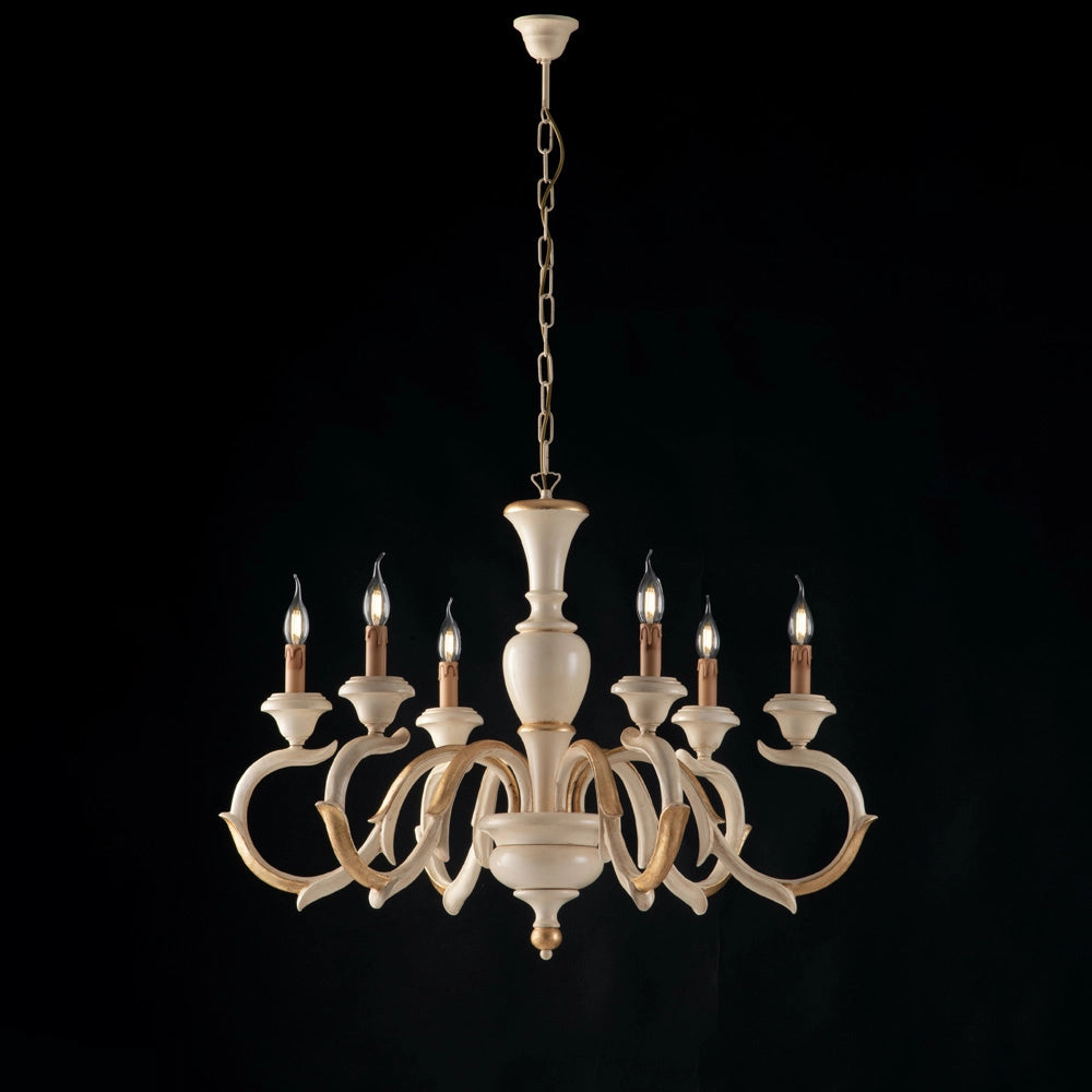 Fiorenza Lampadario in legno avorio e foglia oro 6 luci 125 Ø91 BL172-6-AV