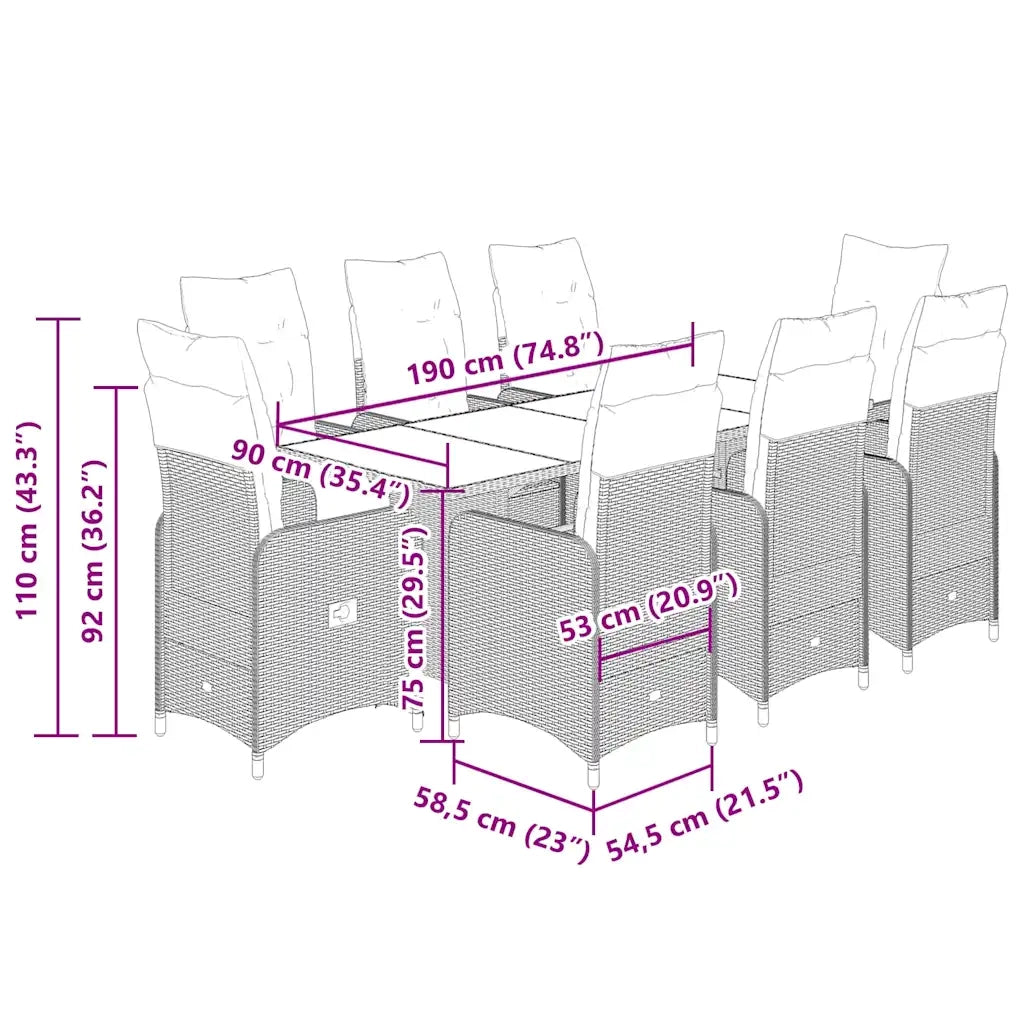 Set Bistrò da Giardino 9 pz con Cuscini in Polyrattan Grigio 3277042
